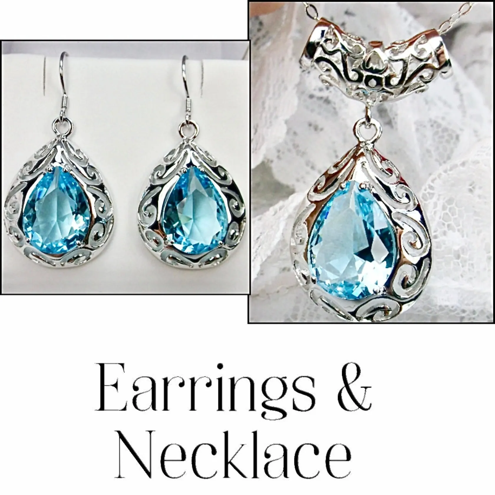 Aquamarine Jewelry Set, Teardrop Art Deco Set includes Ring, Earrings & Pendant #S28