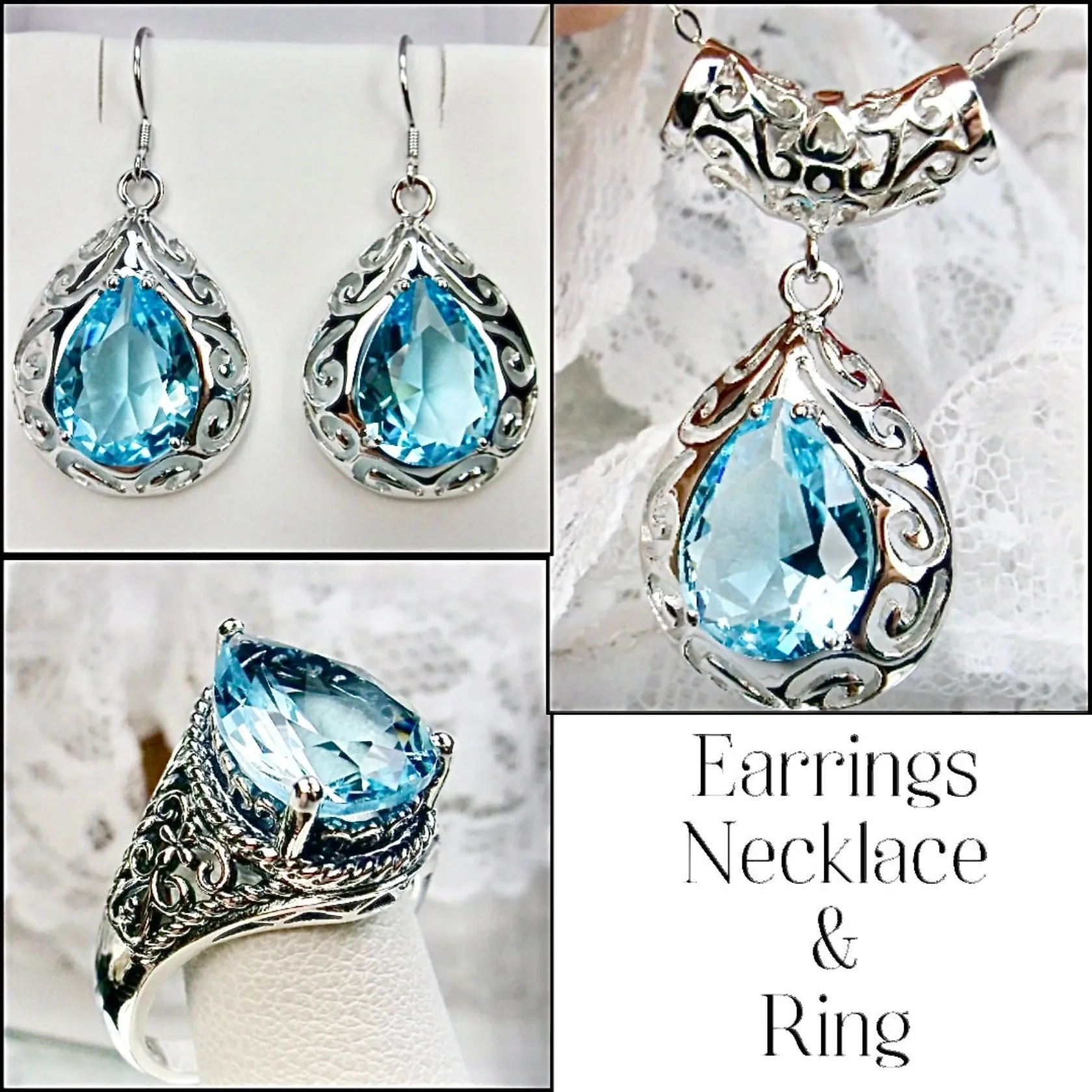 Aquamarine Jewelry Set, Teardrop Art Deco Set includes Ring, Earrings & Pendant #S28