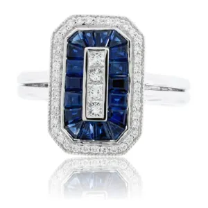 Baguette Sapphire & Diamond Classic Style Halo Ring