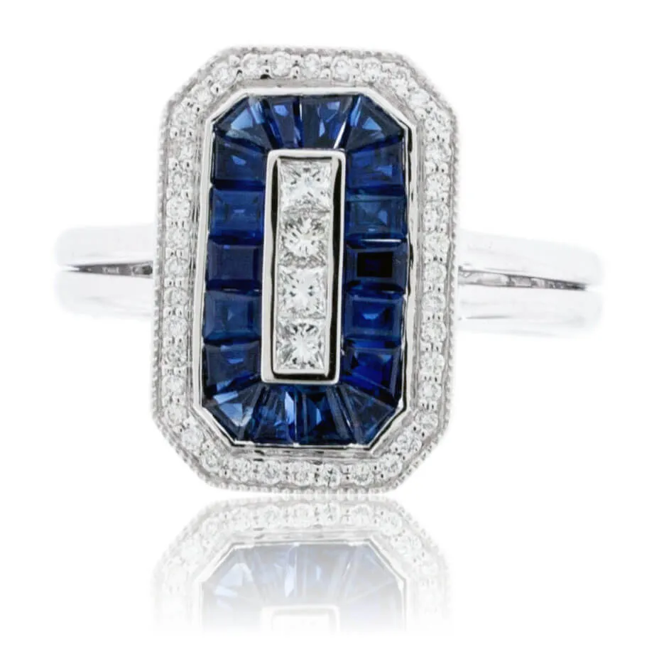 Baguette Sapphire & Diamond Classic Style Halo Ring