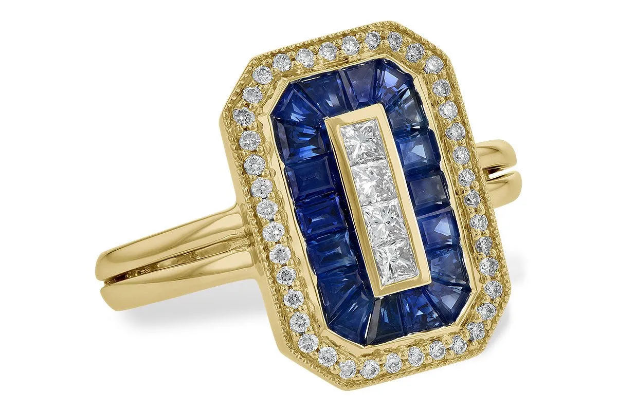Baguette Sapphire & Diamond Classic Style Halo Ring