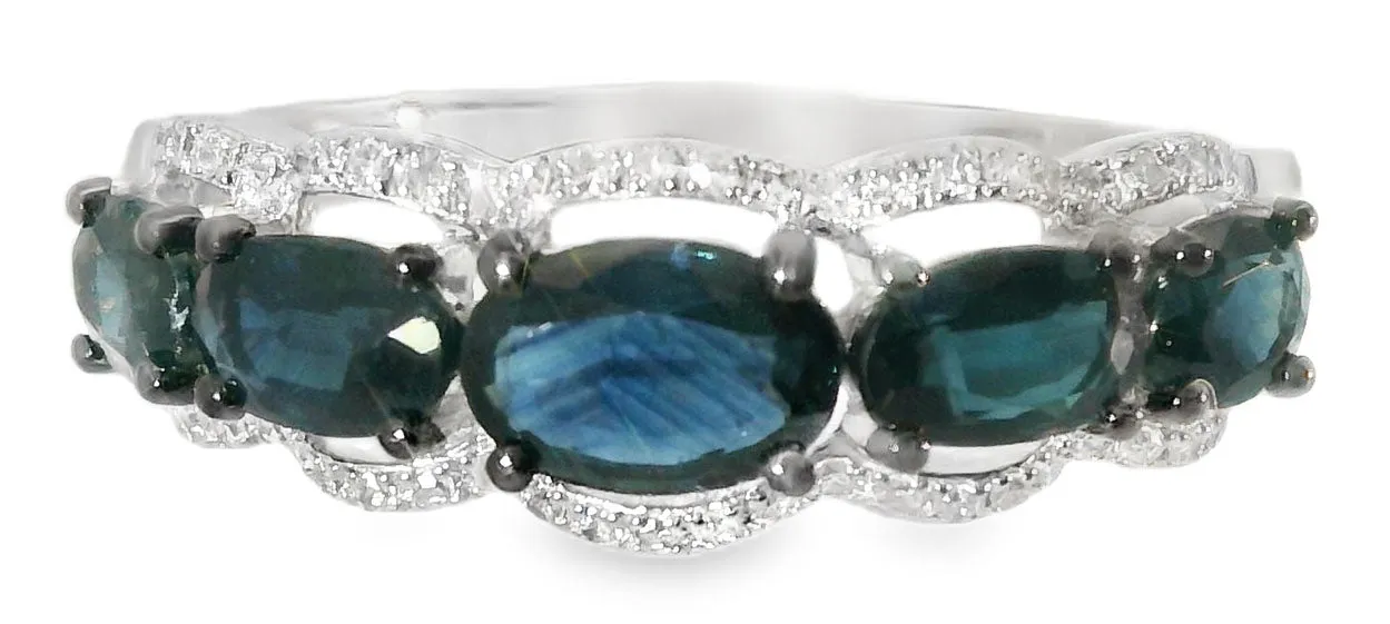 Beautiful 14K White Gold Graduated Sapphire Diamond Band Ring