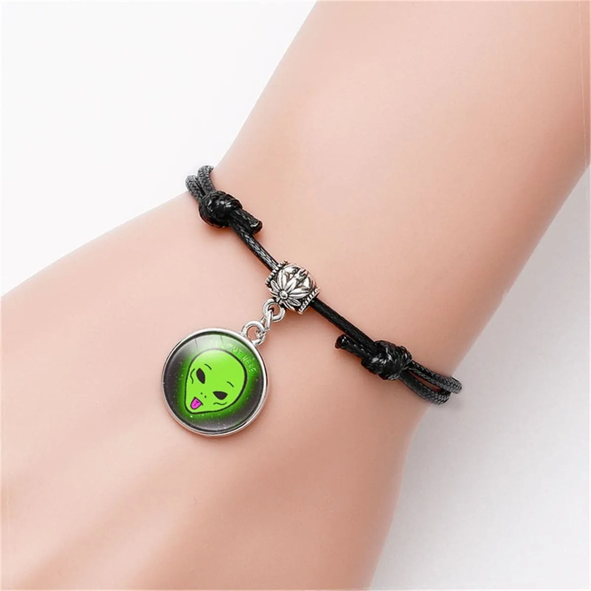 Black & Silver-Plated Green Alien Tongue Cord Charm Bracelet