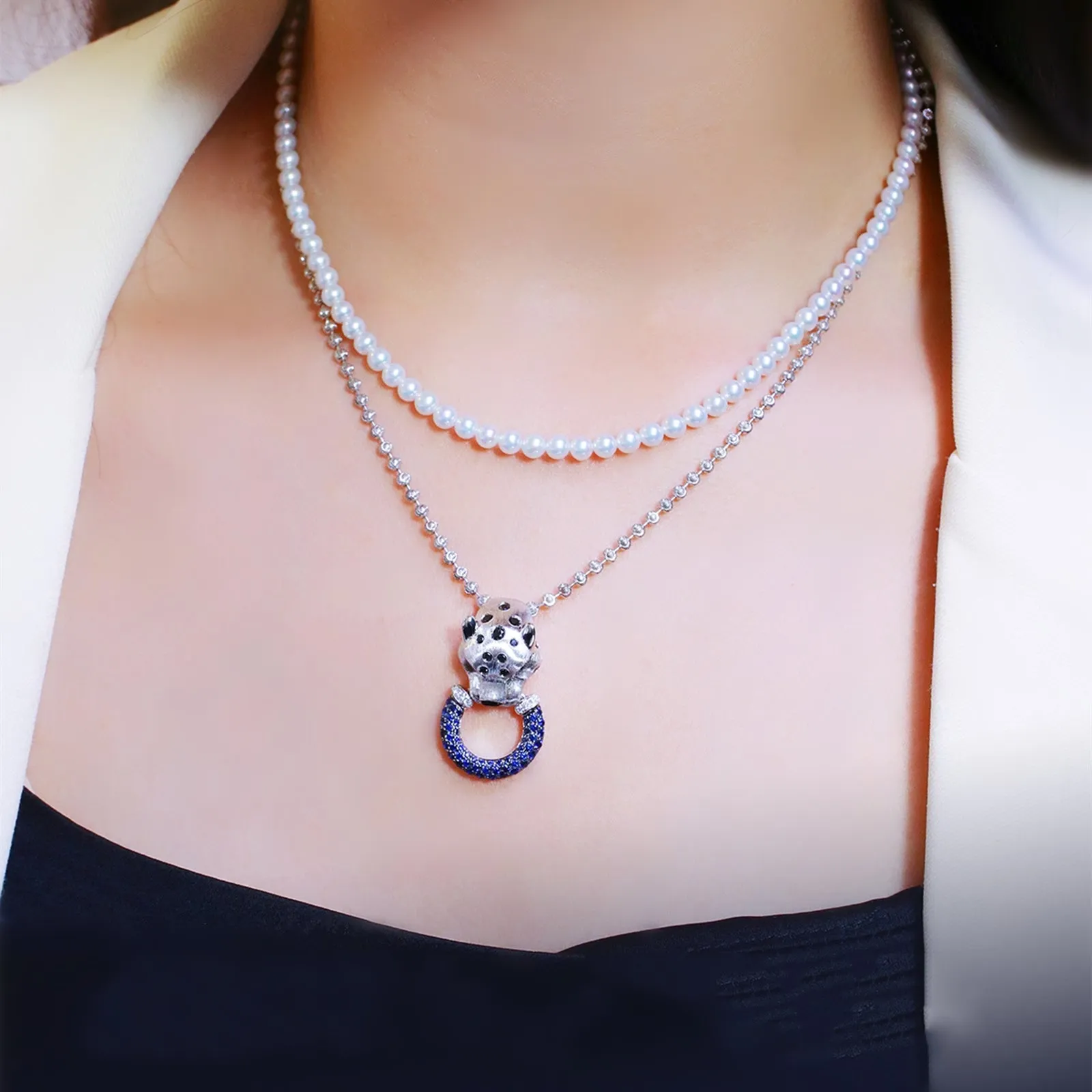 Black Diamond and Sapphire Panther Pendant