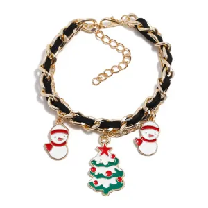 Black Polystyrene & 18K Gold-Plated Threaded-Cord Snowman Charm Bracelet
