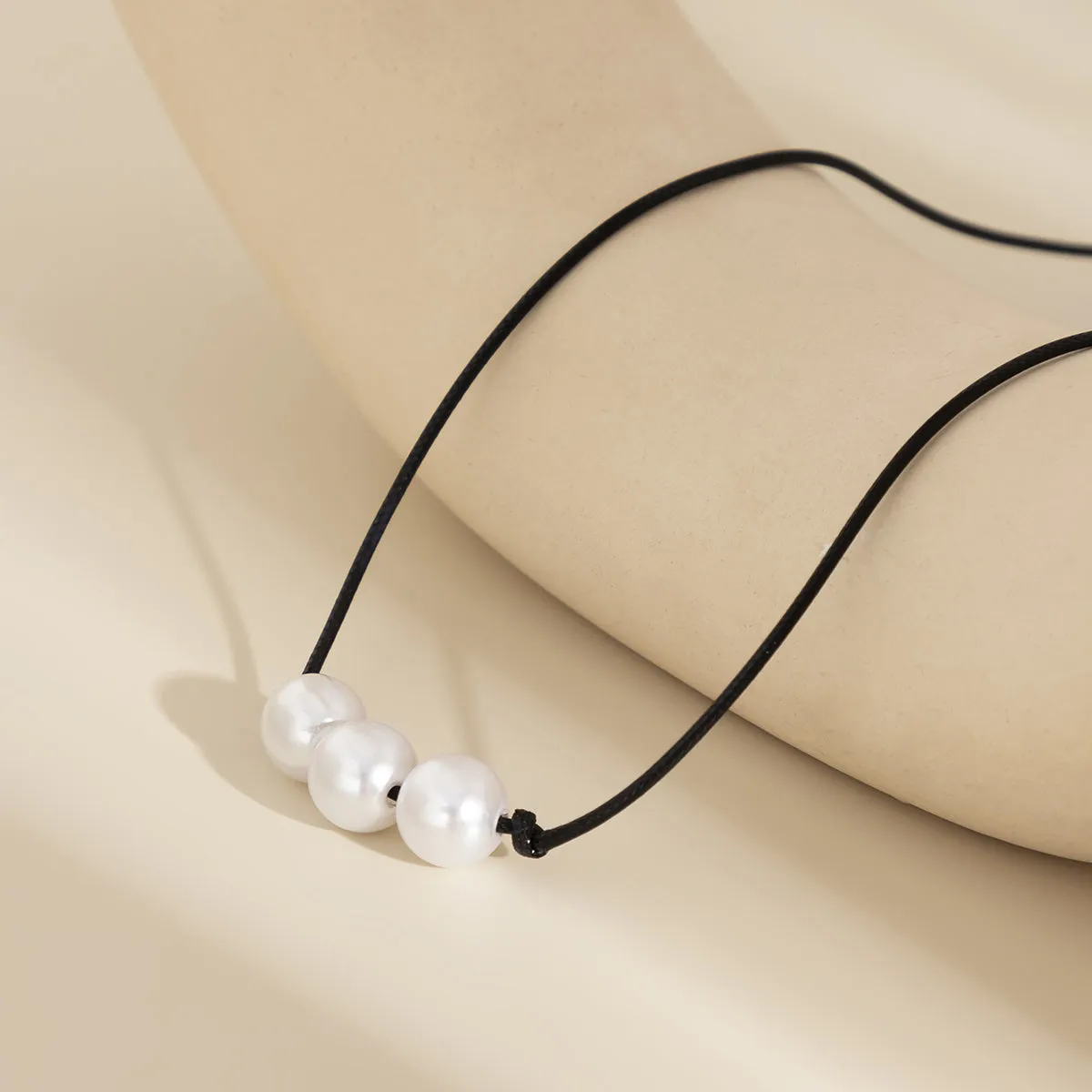 Black Polystyrene & Pearl Three-Bead Pendant Necklace