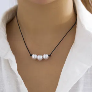 Black Polystyrene & Pearl Three-Bead Pendant Necklace