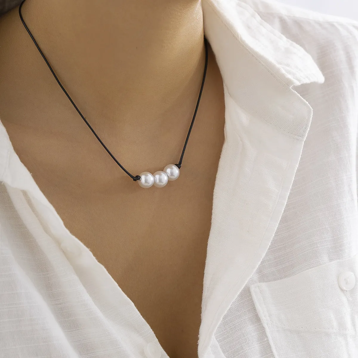 Black Polystyrene & Pearl Three-Bead Pendant Necklace