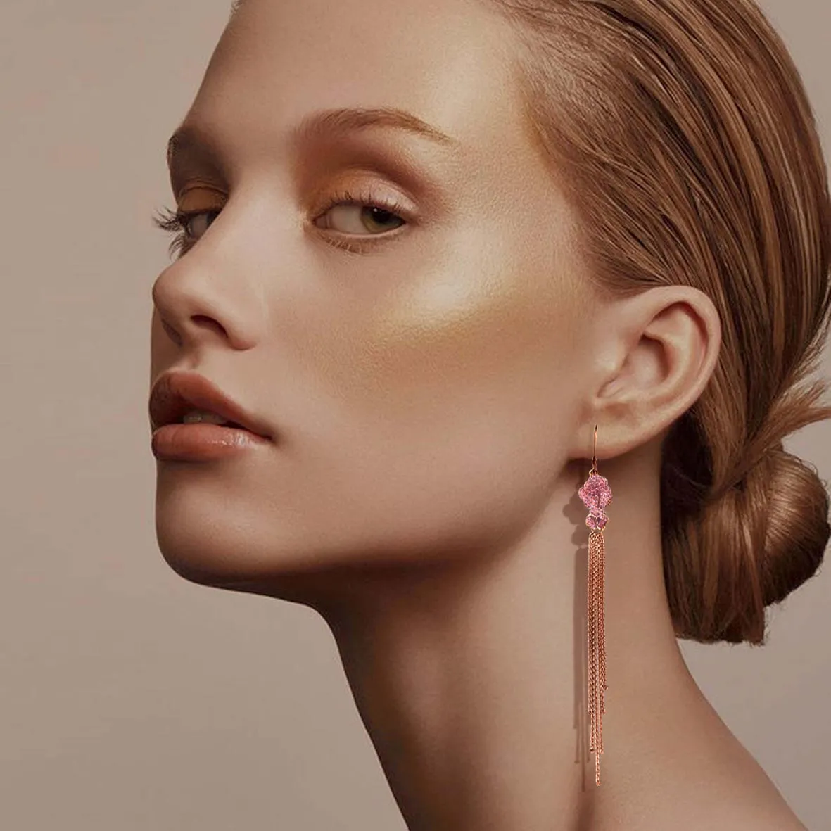 Bloom Mini Flower Light Pink Sapphire Tassel Earrings in Rose Gold