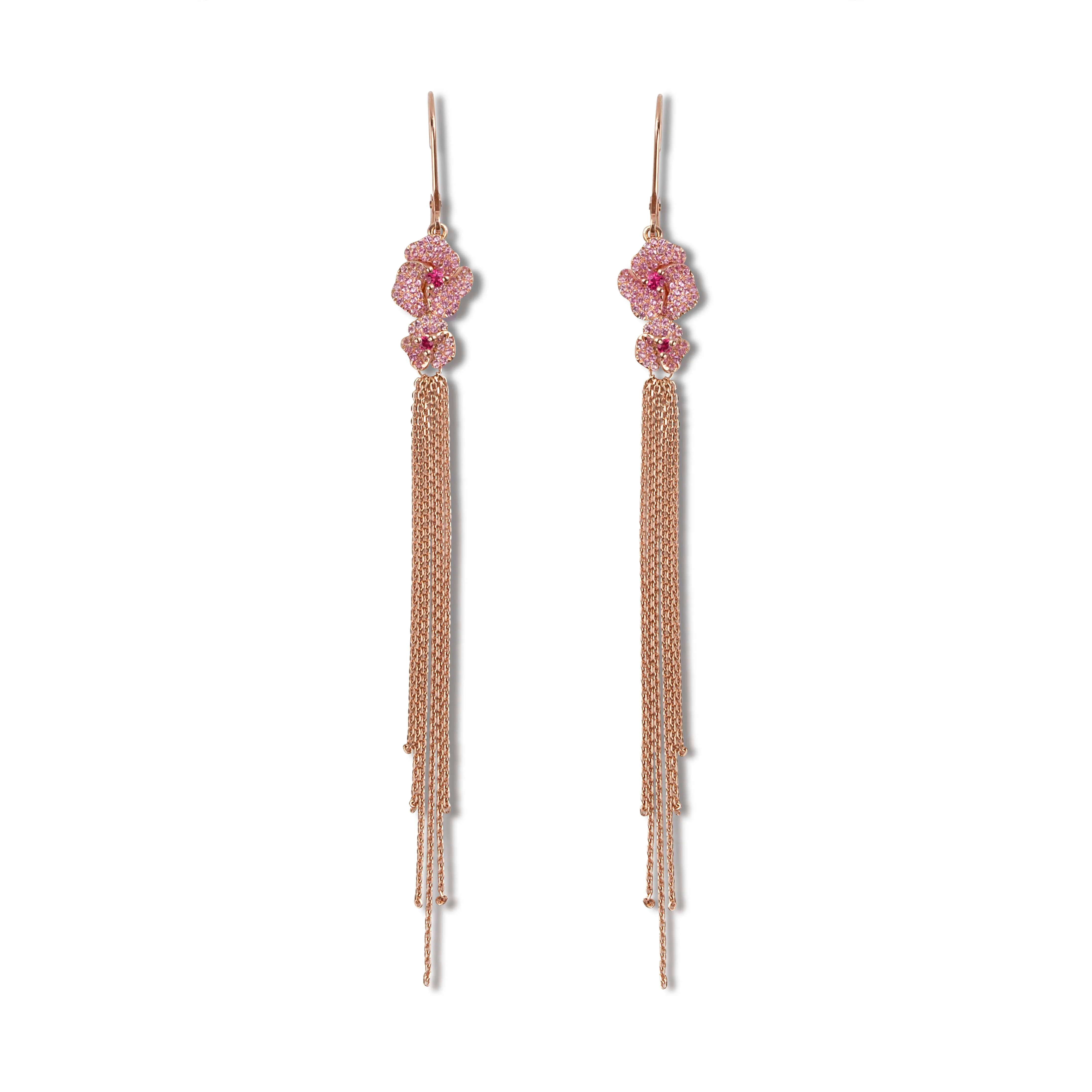 Bloom Mini Flower Light Pink Sapphire Tassel Earrings in Rose Gold