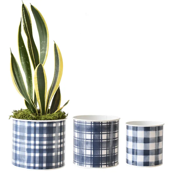Blue Plaid Metal Planters
