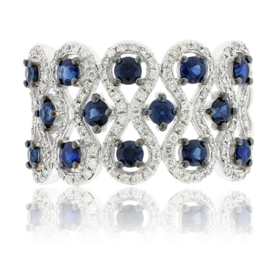 Blue Sapphire & Diamond Alternating Rows Ring