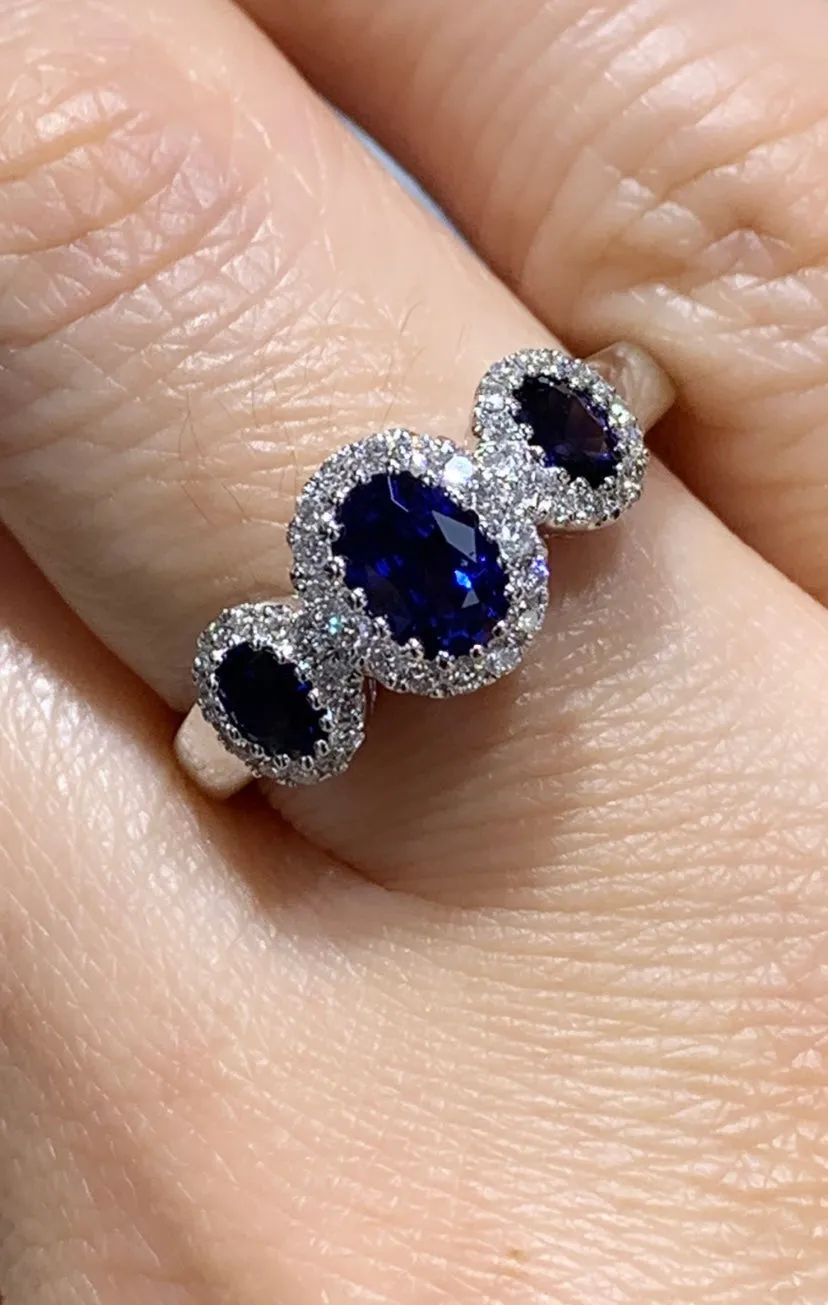 Blue Sapphire Three Stone and Diamond Halo Ring