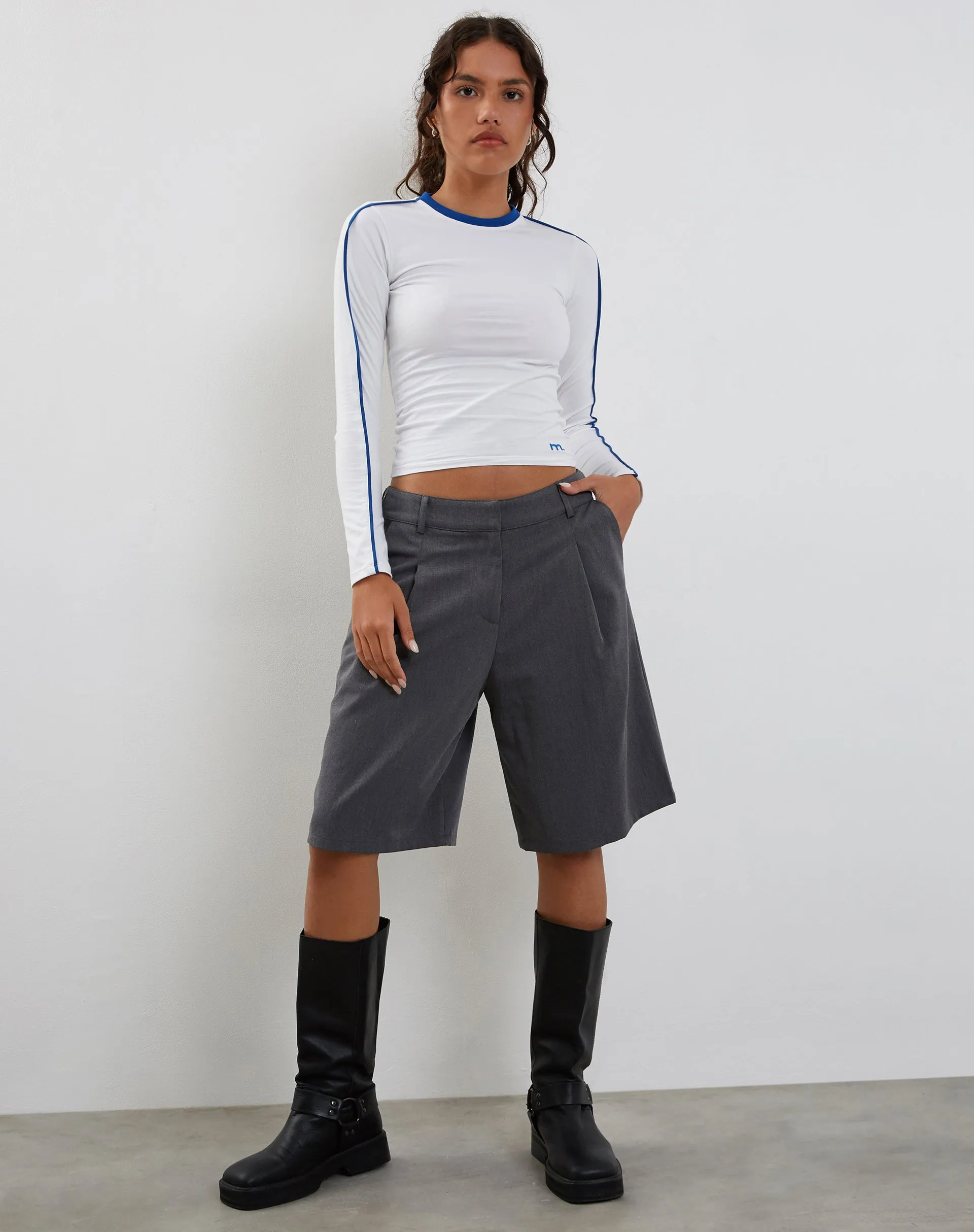 Bonija Long Sleeve Top in White with Cobalt Binding