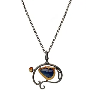 Bora Jewelry of Brooklyn Sterling Silver & Bronze Necklace w/ Pear Shaped Sapphire