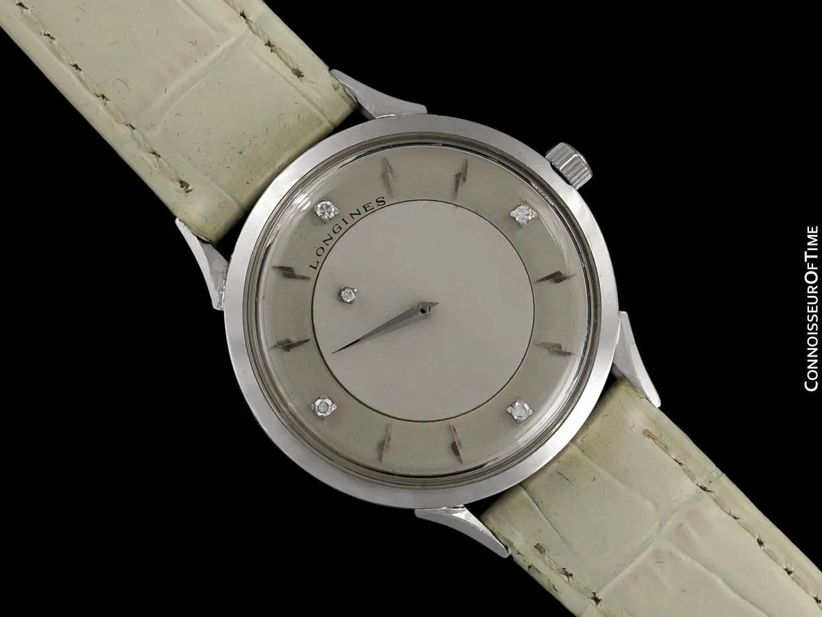 c. 1960 Longines Mystery Dial Vintage Watch - 14K White Gold & Diamonds - Thunderbolt Dial