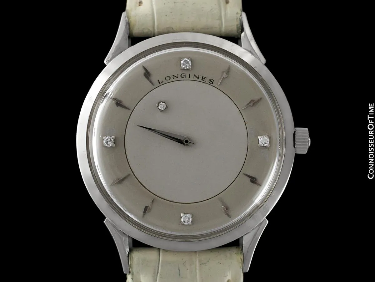 c. 1960 Longines Mystery Dial Vintage Watch - 14K White Gold & Diamonds - Thunderbolt Dial