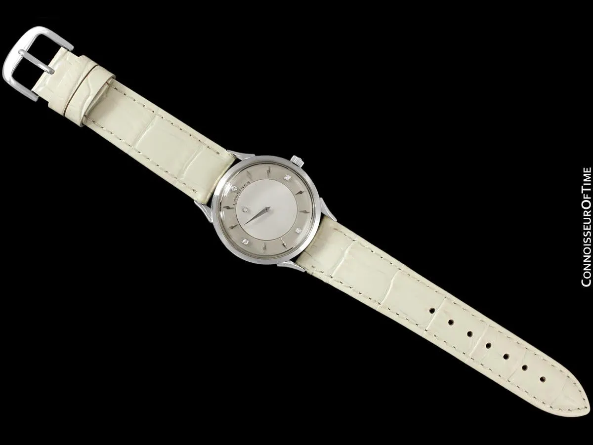 c. 1960 Longines Mystery Dial Vintage Watch - 14K White Gold & Diamonds - Thunderbolt Dial
