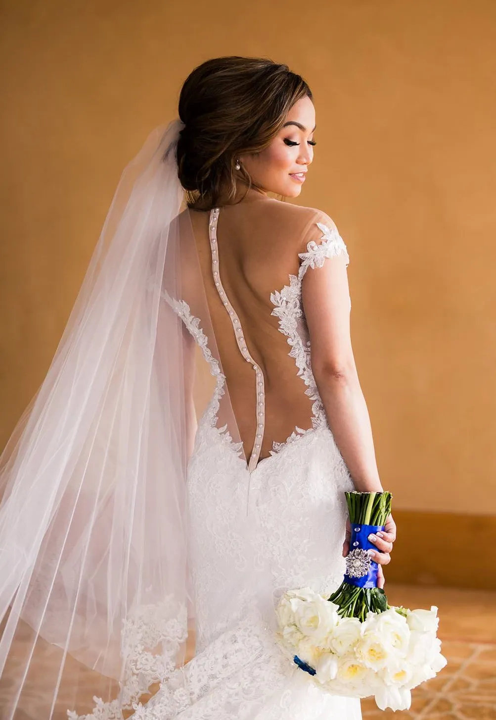 Cathedral Drop Veil with Lace Trim & Blusher, White/ Off White/ Ivory Lace Wedding Veil
