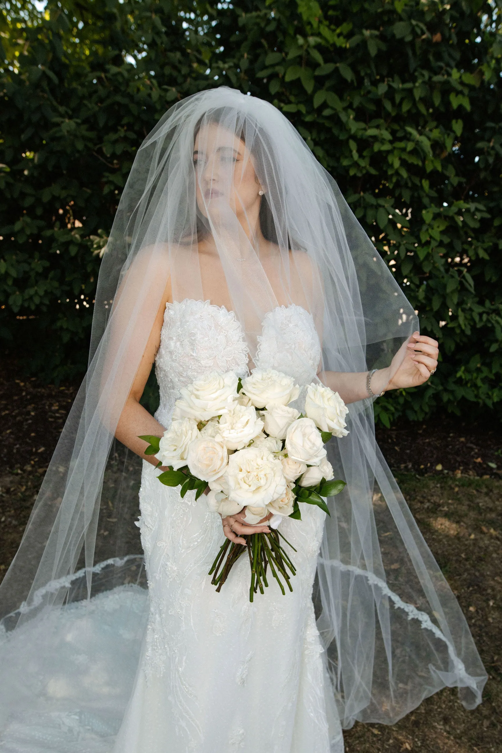 Cathedral Drop Veil with Lace Trim & Blusher, White/ Off White/ Ivory Lace Wedding Veil