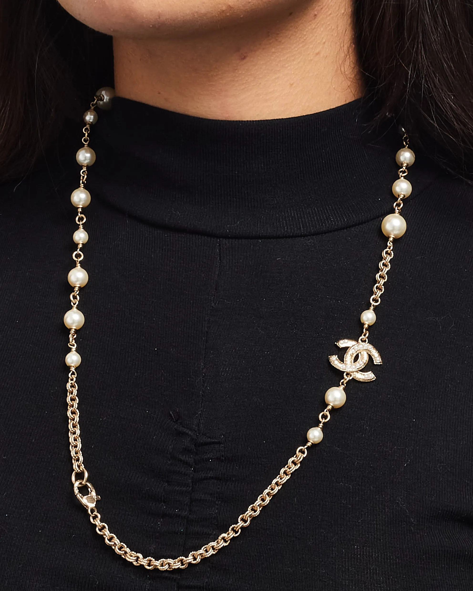 Chanel Pearl & Gold CC Logo Long Necklace