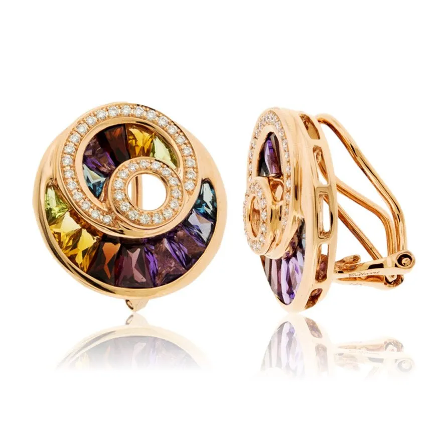 Circle Style Rainbow Mixed Gemstone & Diamond Earrings