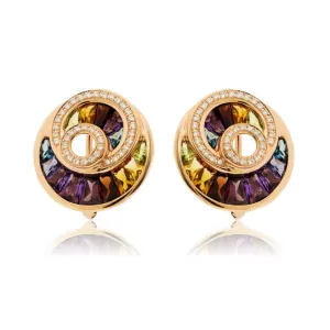 Circle Style Rainbow Mixed Gemstone & Diamond Earrings
