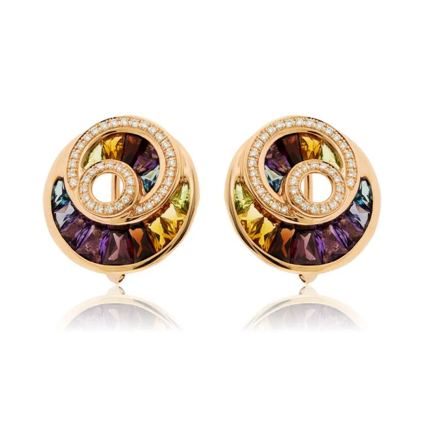 Circle Style Rainbow Mixed Gemstone & Diamond Earrings