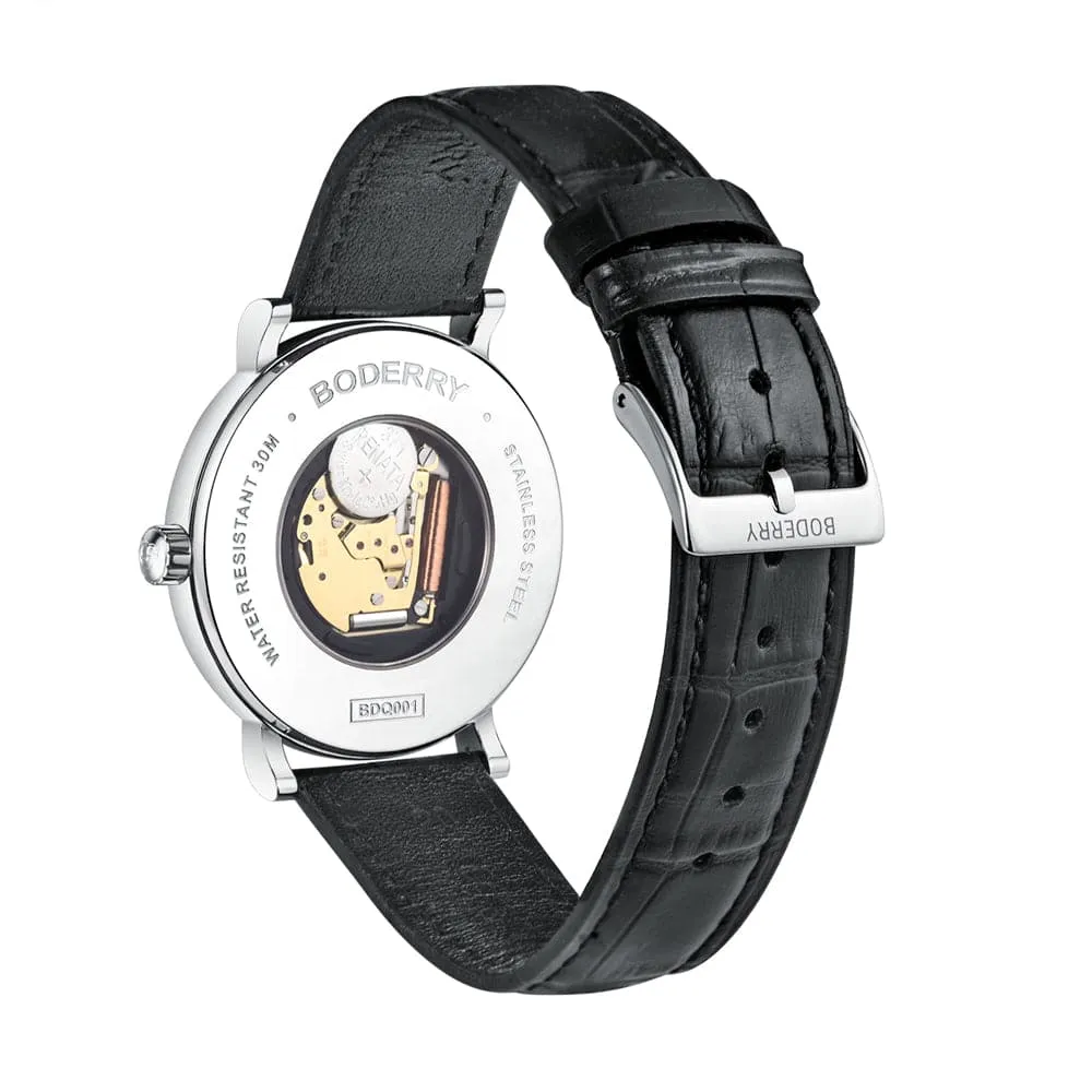 CLASSIC 40MM - Swiss Quartz Movement Watch | Silver Case & Black Leather Strap