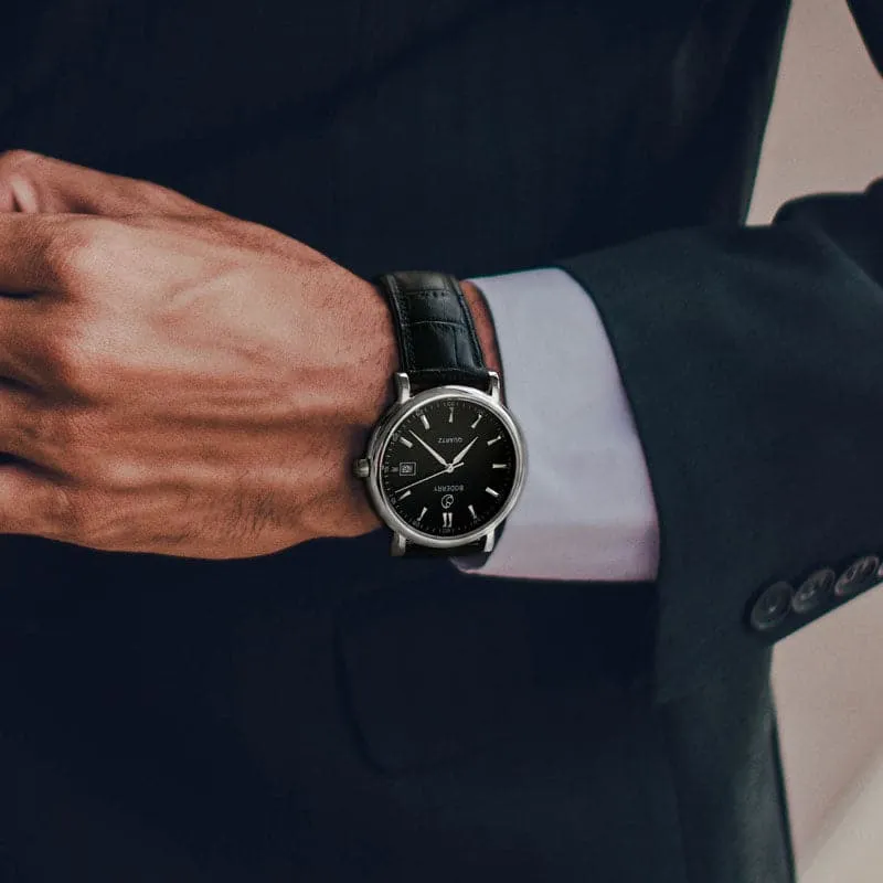 CLASSIC 40MM - Swiss Quartz Movement Watch | Silver Case & Black Leather Strap