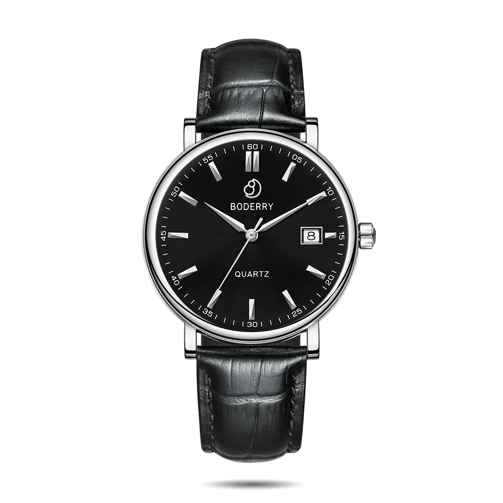 CLASSIC 40MM - Swiss Quartz Movement Watch | Silver Case & Black Leather Strap