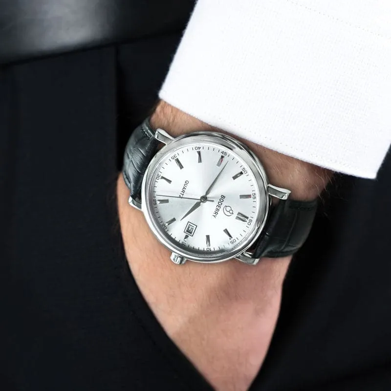 CLASSIC 40MM - Swiss Quartz Movement Watch | Silver Case & Black Leather Strap