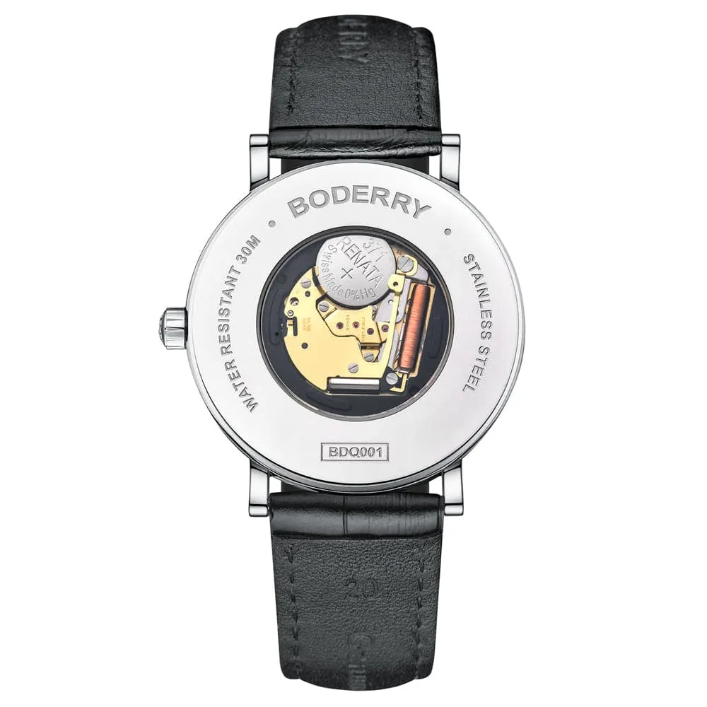 CLASSIC 40MM - Swiss Quartz Movement Watch | Silver Case & Black Leather Strap