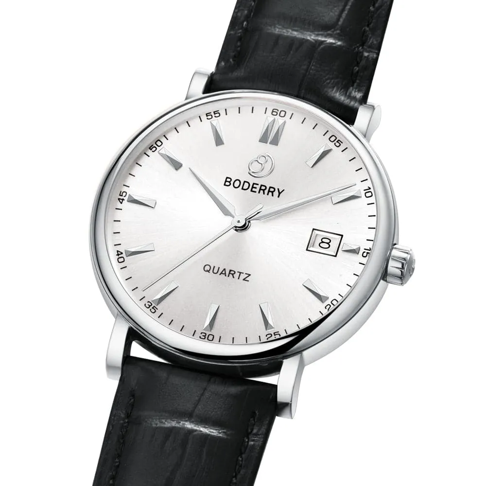 CLASSIC 40MM - Swiss Quartz Movement Watch | Silver Case & Black Leather Strap