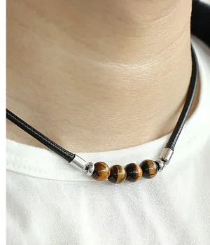 Classic Black Leather Crystal Stone Bead Cord Necklace - Tiger Eye