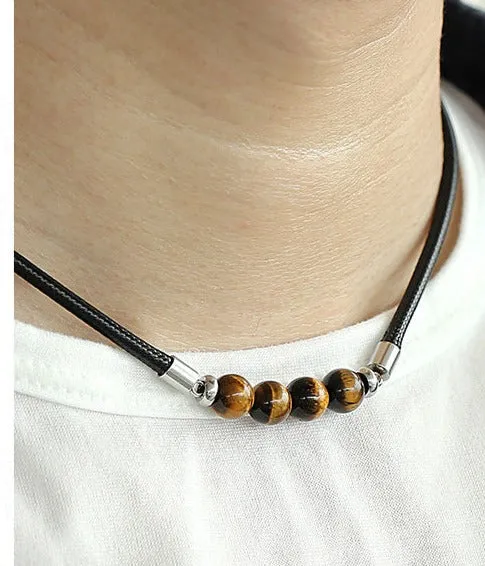 Classic Black Leather Crystal Stone Bead Cord Necklace - Tiger Eye