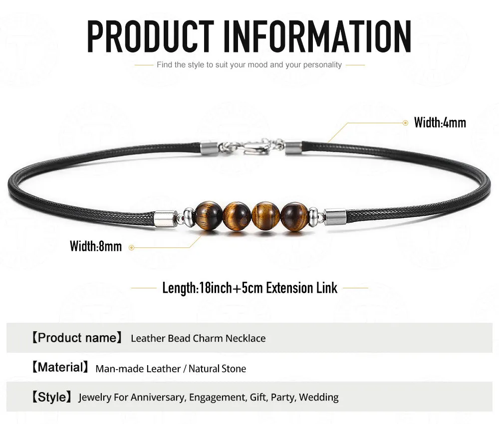 Classic Black Leather Crystal Stone Bead Cord Necklace - Tiger Eye