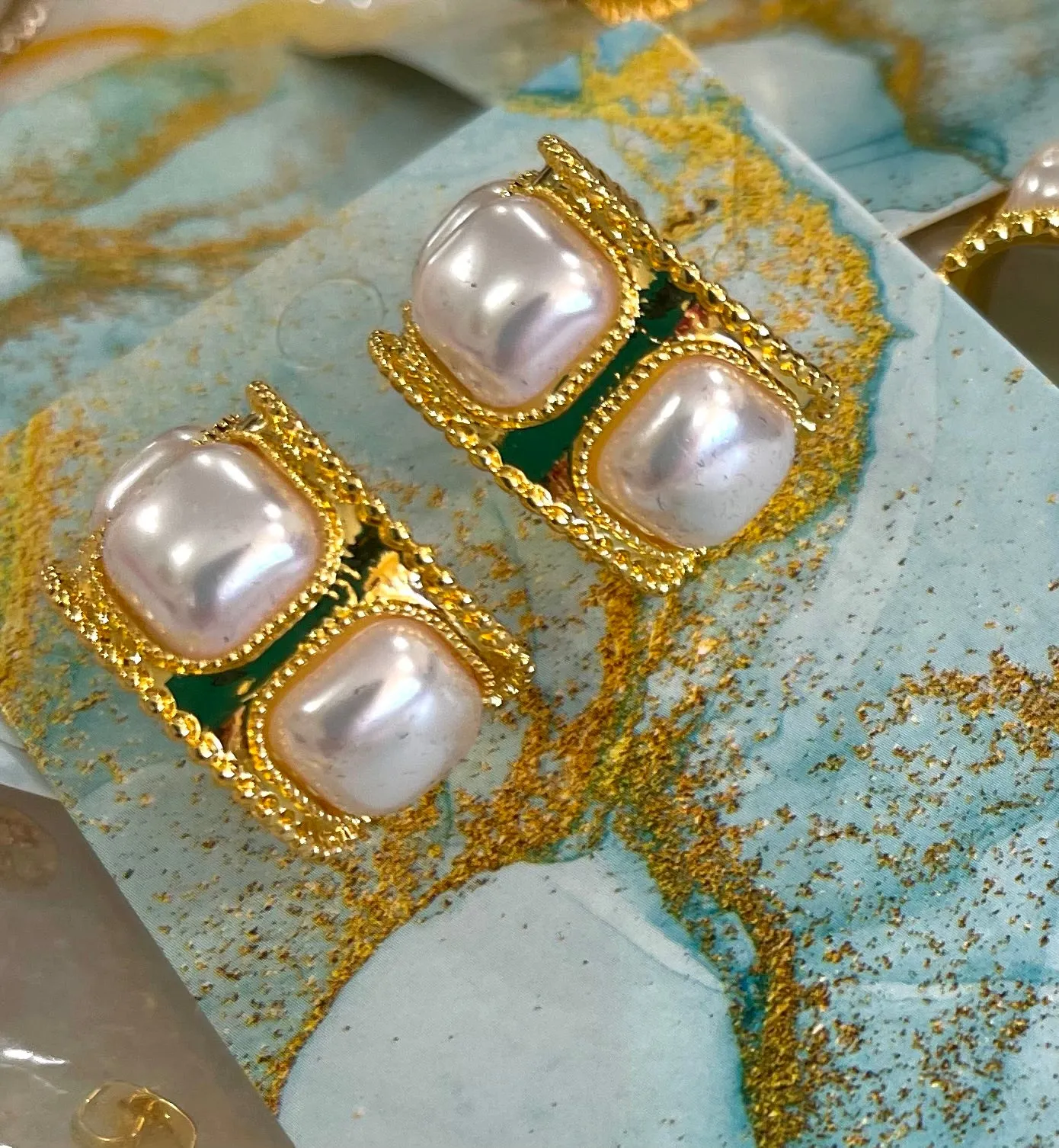 Classic Pearl Shell Gold Hoop Earrings 1”