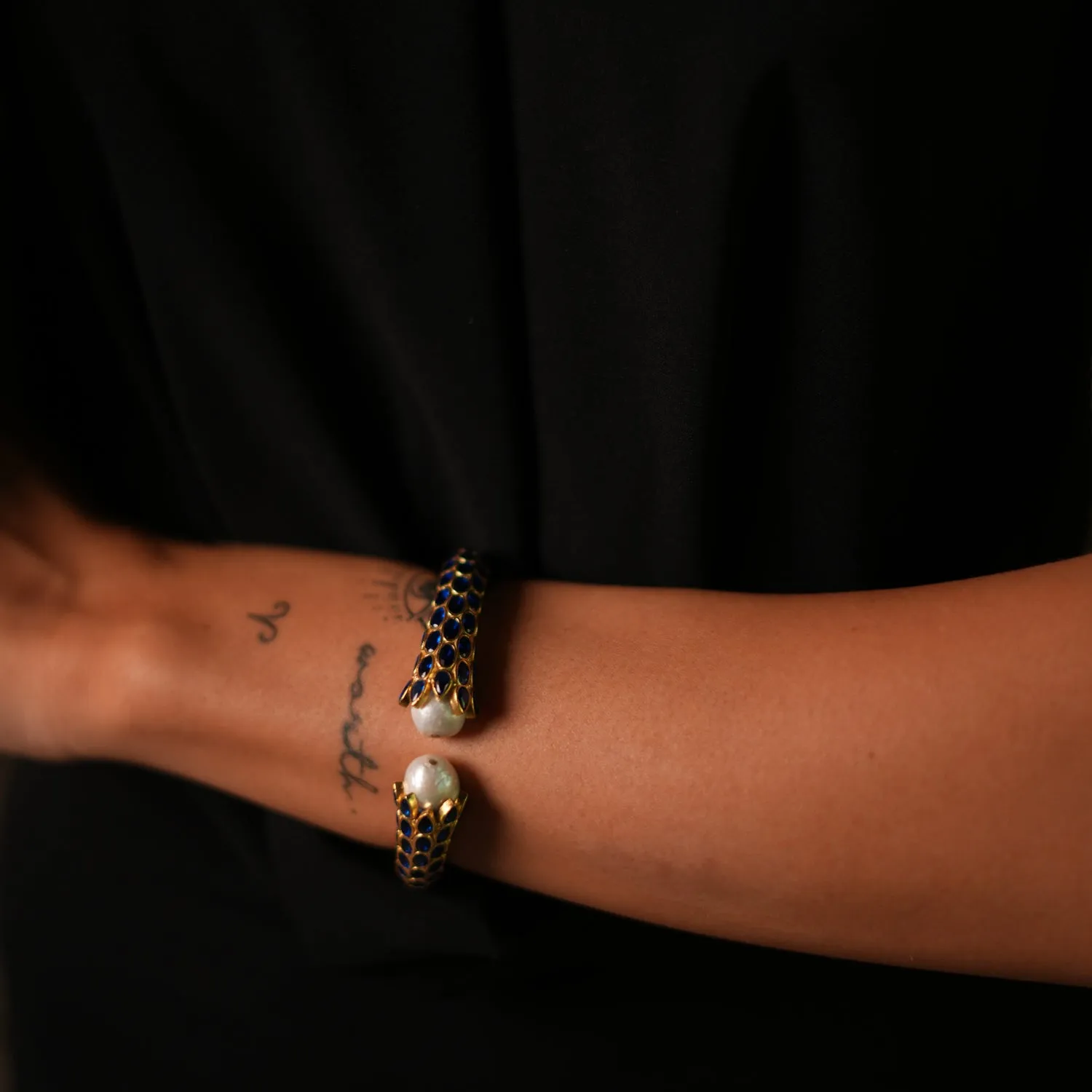 Cleopatra Sapphire & Pearl Gold Chunky Cuff Bracelet