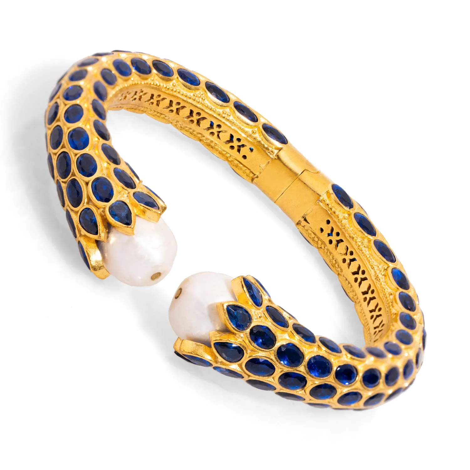 Cleopatra Sapphire & Pearl Gold Chunky Cuff Bracelet