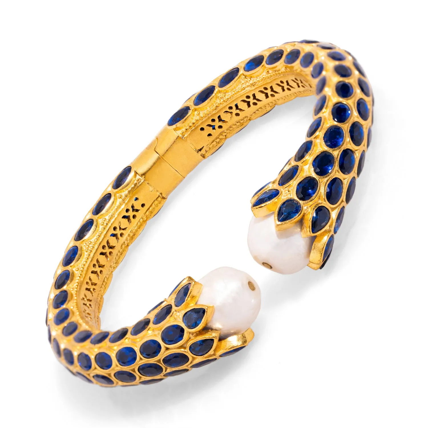 Cleopatra Sapphire & Pearl Gold Chunky Cuff Bracelet