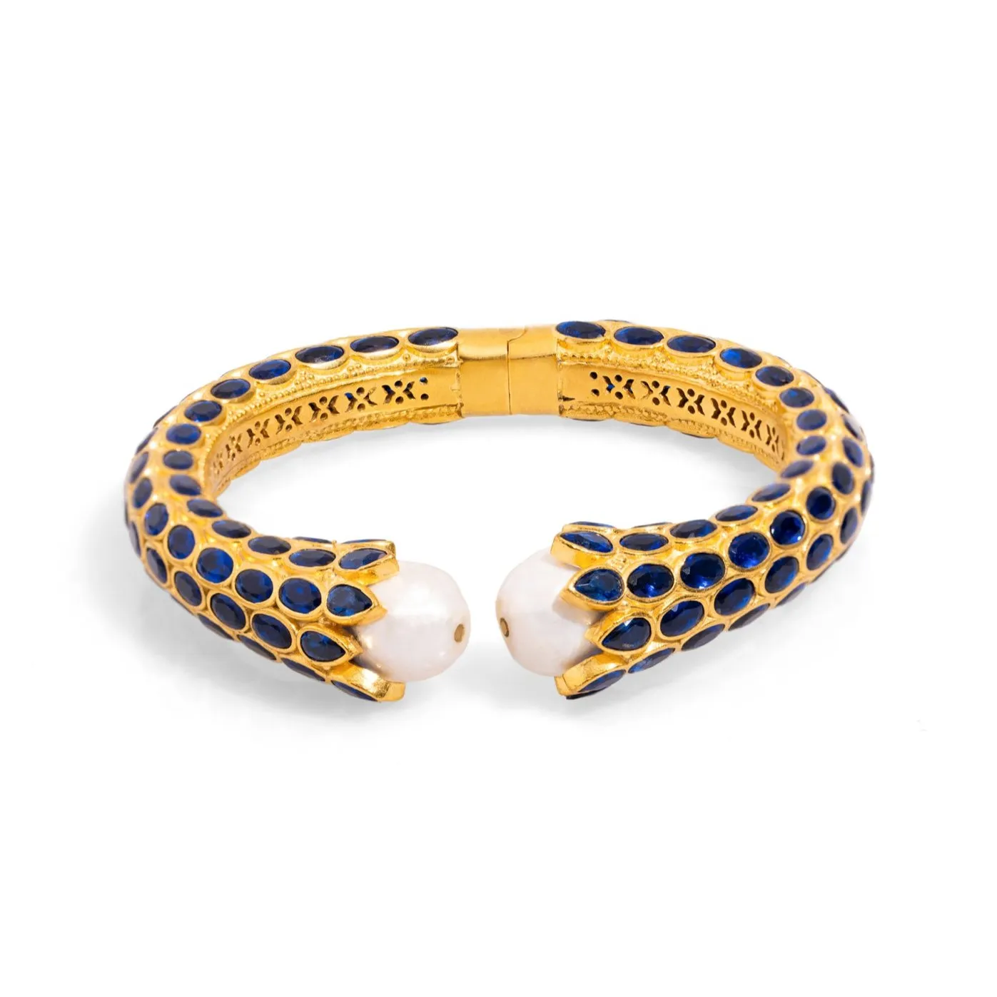 Cleopatra Sapphire & Pearl Gold Chunky Cuff Bracelet