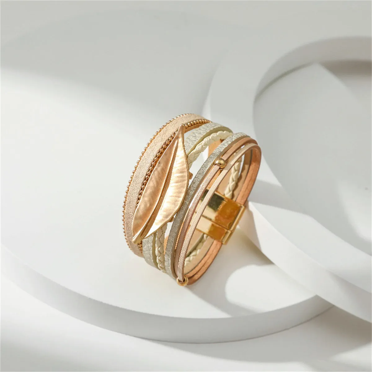 Coffee Polystyrene & 18K Gold-Plated Bead Line Leaf-Charm Layered Bangle