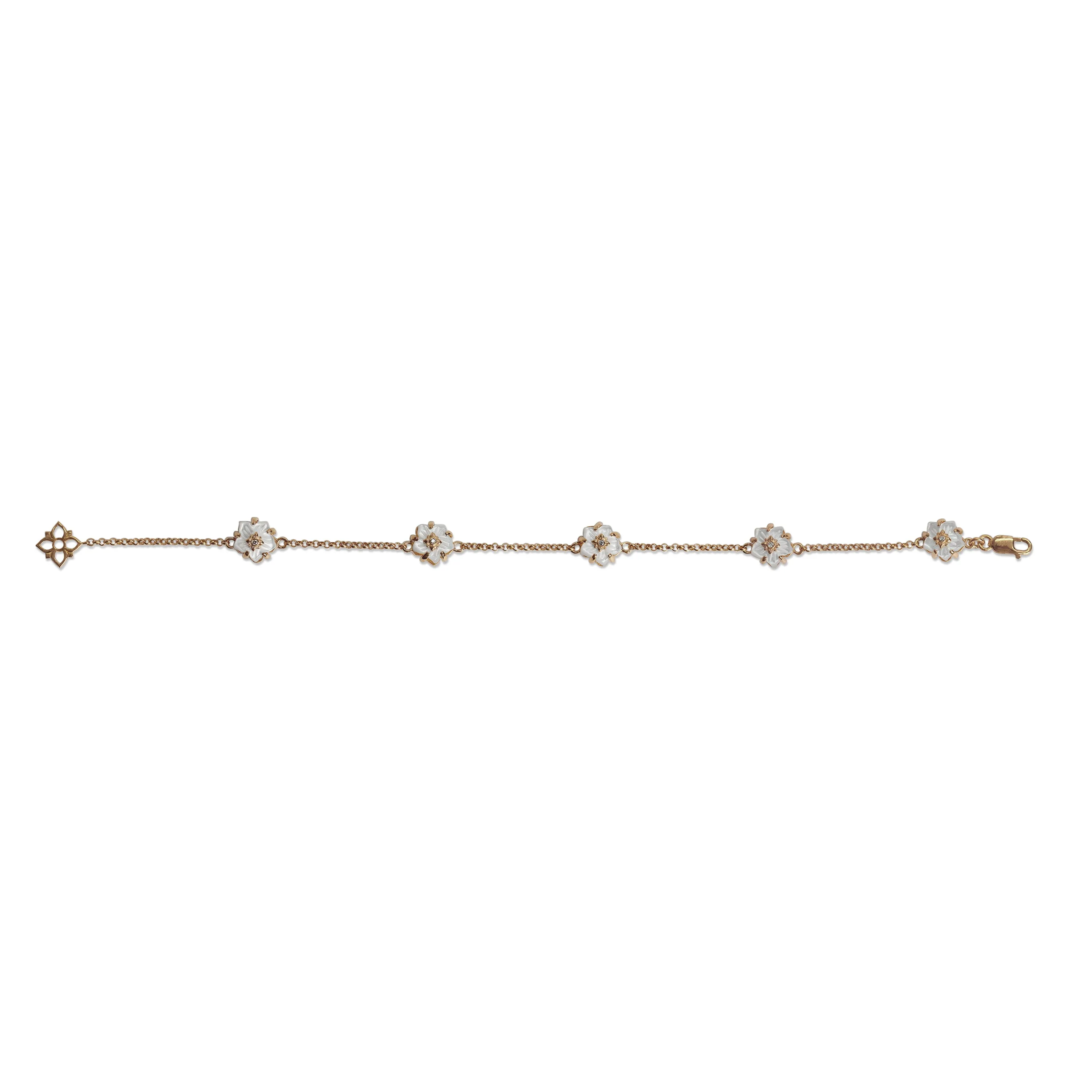 Colorbloom 8mm White Mother of Pearl Flower and White Diamond Bracelet in 18K Gold