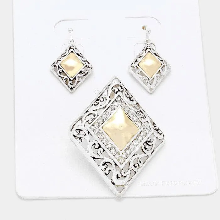 Crystal Detail Two Tone Metal Filigree Pendant Earring Set