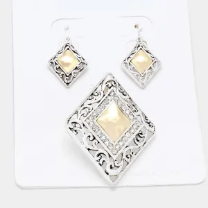 Crystal Detail Two Tone Metal Filigree Pendant Earring Set