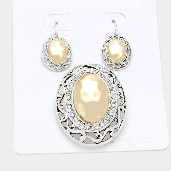 Crystal Trim Two Tone Oval Metal Pendant Earring Set