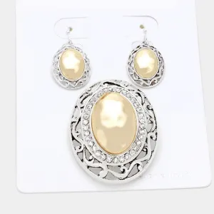 Crystal Trim Two Tone Oval Metal Pendant Earring Set