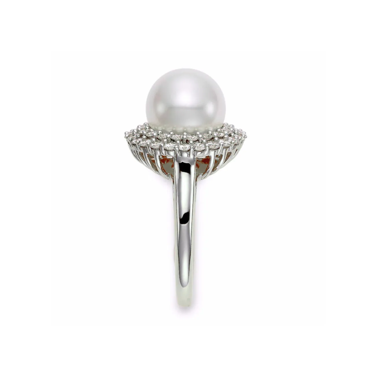 Cultured Fresh Water White Pearl 18K White Gold 10.5mm Double Halo Diamond Ring