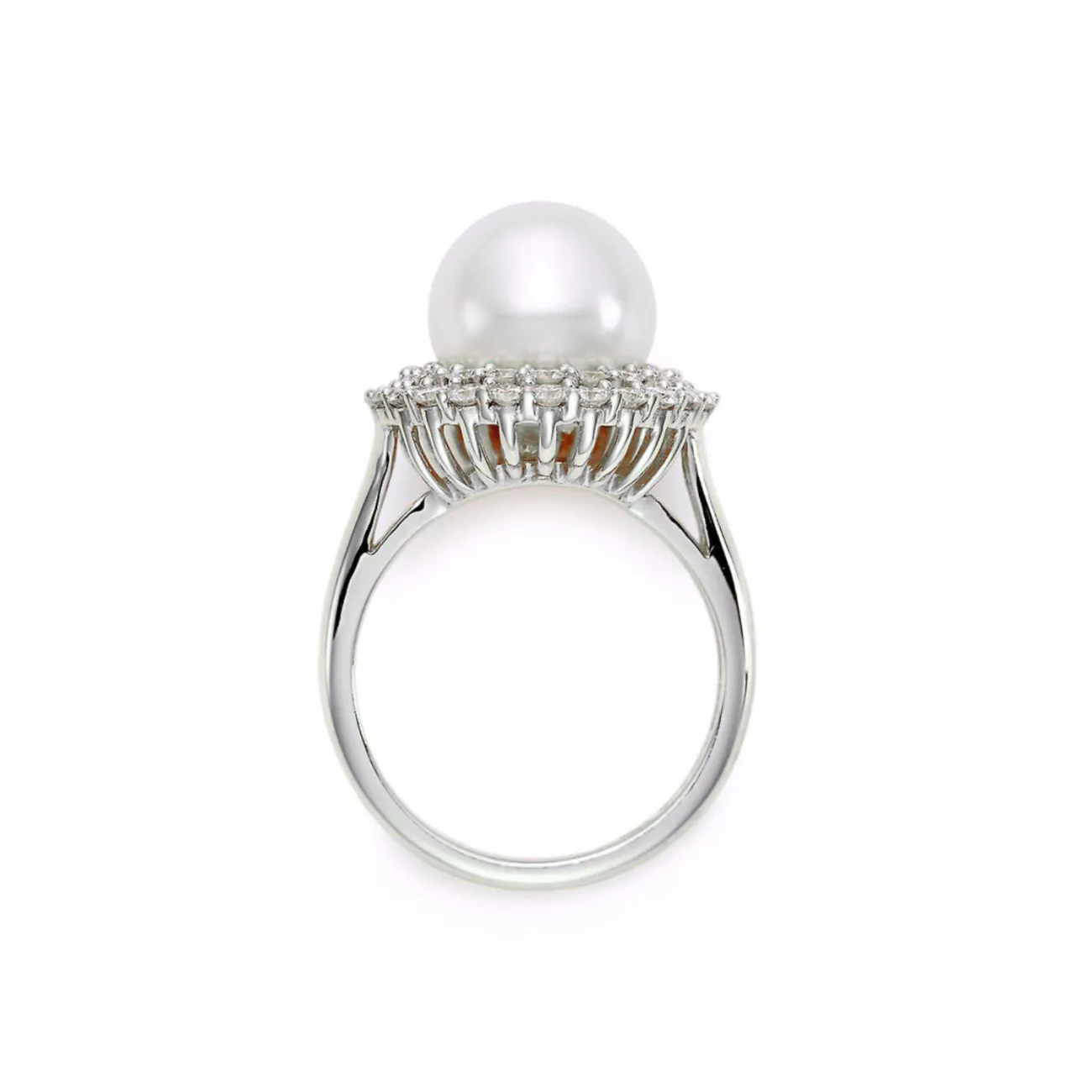 Cultured Fresh Water White Pearl 18K White Gold 10.5mm Double Halo Diamond Ring